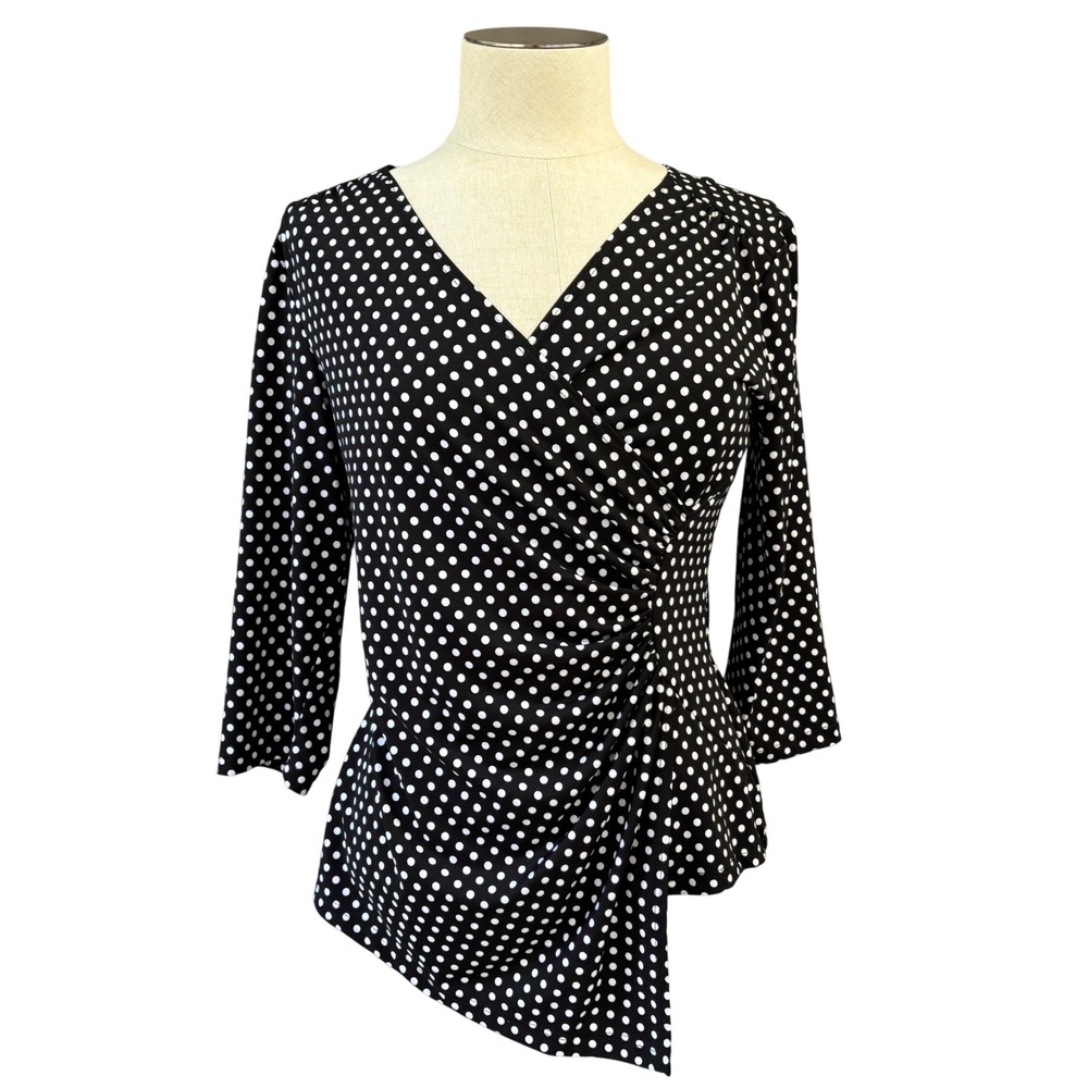 TravelSmith Women's S Polka Dot Wrap Peplum Top Black White Retro 3/4 Sleeve USA